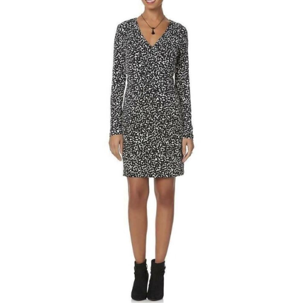 Metaphor Women's Faux Wrap Dress Abstract Long Sleeve Size M Black White